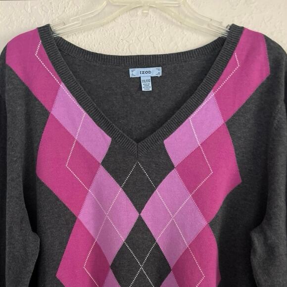 Izod Argyle Womens Sweater Size XXL Gray Pink Vneck Work Preppy Dark Academia - Picture 3 of 13